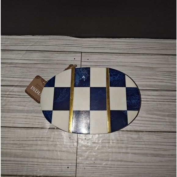 Handcrafted Bone & Resin Collectible Trinket Jewelry Box Checkered Blue - Picture 2 of 11